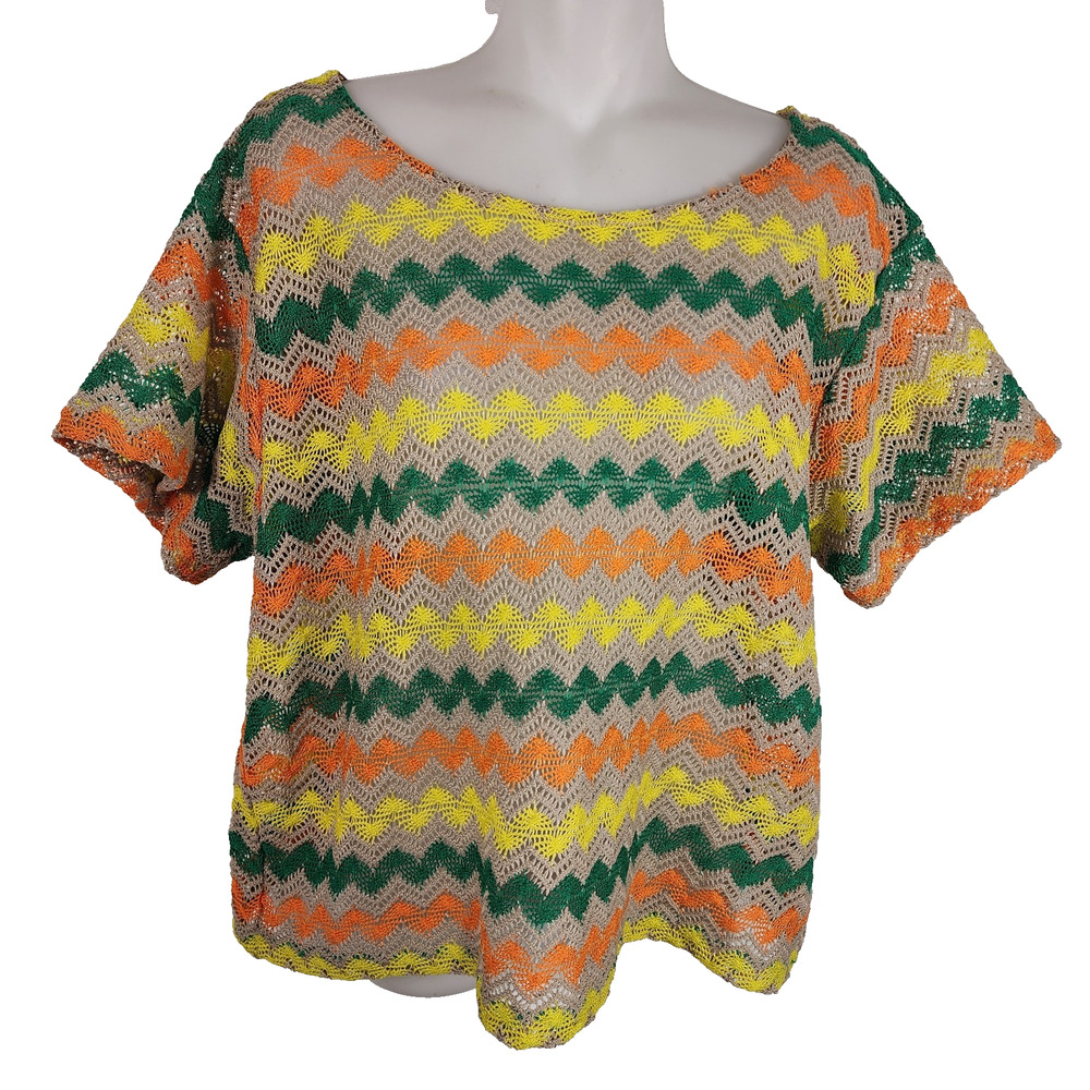 Forever 21 Womens Chevron Crochet Striped Top Sheer Colorful L Retro Festival